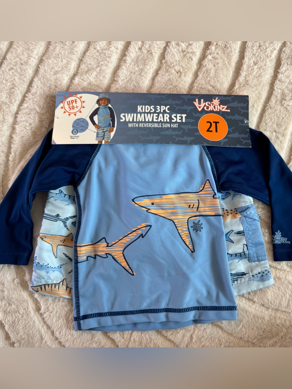 Skinz Kids' Light Blue & Navy Shark Rashguard Swim Set with Reversible Hat